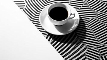 Aerial View of Steaming Coffee Cup on Geometrically Patterned Surface with Ample Copy Space photo