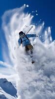 el Nevado lanzamiento - un esquiador salto de adrenalina y aventuras ai generativo foto