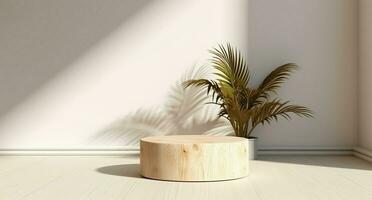 Empty wooden podium with palm leaves on background, natural shadows design. Beauty product display. Organic Natural concept. Mock up, Spa. AI Generative photo