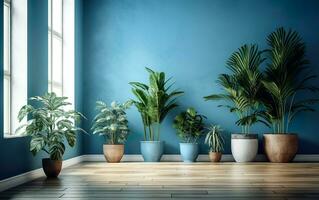 el interior en conserva plantas decoración en moderno habitación con un de madera piso y brillante azul pared. ai generativo foto