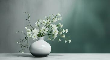 blanco cerámico florero con floreciente flores ramas en luz de sol desde ventana en Esmeralda gris muro, sombra en blanco piso para decoración, lujo cosmético, protección de la piel belleza producto fondo, ai generativo foto