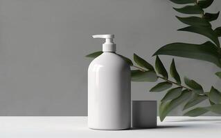 Mockup of a bottle of of white blanc dispenser, cosmetics product display scene with tropical leaf, light gray background, photo