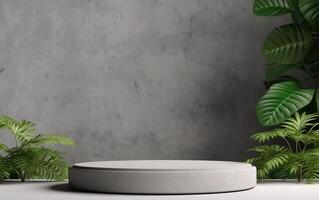 vacío ligero gris producto monitor podio con verde plantas hojas antecedentes. 3d etapa escaparate, belleza protección de la piel tecnología productos mostrar. ai generativo foto