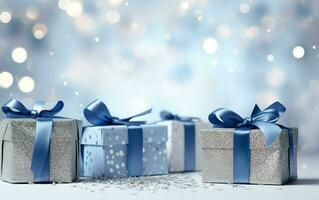 Silver gift boxes with blue ribbon bow tag over blurred bokeh background with lights. Glitter on a white table. Christmas decor. Greeting festive image. Copy space. AI Generated photo