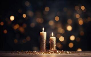 Close up of two golden  burning candles on the wooden table with sparkling glitter. Copy space. Blurred Christmas light background. AI Generative photo