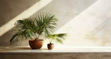 Brown cement wall and floor, palm tree in vase in a sunlight, long shadow for luxury interior design decoration, product display background, AI Generative photo