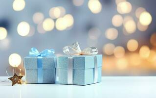 Blue gift boxes with silver ribbon bow tag over blurred bokeh background with golden lights. Christmas star garland decor. Greeting festive image. Copy space. AI Generated photo