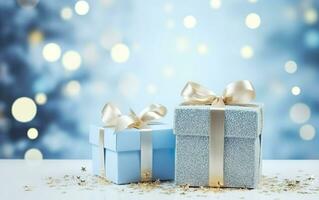 Close up of gift boxes with blue golden bow tag over blurred bokeh background with lights. Christmas stars decor. Greeting festive image. Copy space. AI Generated photo