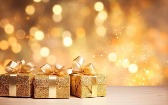 dorado regalo cajas con cinta arco etiqueta terminado borroso bokeh antecedentes con luces. Navidad decoración. parpadeo fiesta antecedentes. Copiar espacio. ai generativo foto