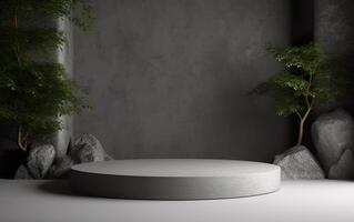 3d rendering scene with Empty cylinder concrete podium or pedestal, Tropical plants with stones background. 3d stage showcase, beauty skincare technology products display. photo
