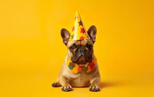 French Bulldog in Party Hat and Sunglasses over Yellow Background. Funny Pet dog Celebrating. AI Generative photo