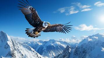 Majestic eagle soaring above a pristine, snow-capped mountain range under a blue sky photo