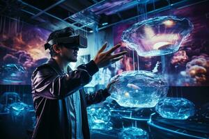 Immersion into the virtual and augmented realities highlighting the marvel of technology and fusion of reality with the digital realm AI Generative photo