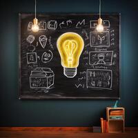Hand-drawn light bulb on chalkboard symbolizing creativity photo