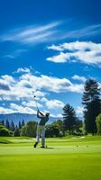 un medio swing golfista silueta en contra un vibrante verde golf curso debajo un claro azul cielo ai generativo foto