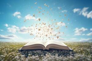 Hardcover book with floating letters against sky backdrop photo