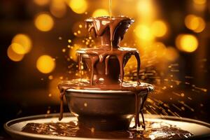 Chocolate Fountain Gushing Against Illuminated Backdrop with Left Copyspace AI Generative photo