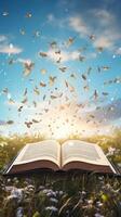 Hardcover book with floating letters against sky backdrop photo
