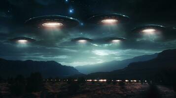 Dramatic depiction of a UFO fleet in the night sky signaling a possible alien encounter AI Generative photo