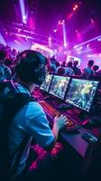 Neon Lit eSports Arena Showcasing Modern Gaming Battles and Cheering Crowd AI Generative photo