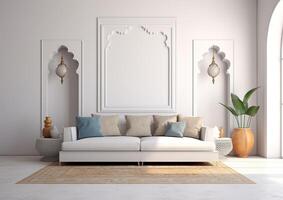 Mediterranean wall with arched decoration, Santorini Interior of modern living room with sofa, indoor plants in vases, AI Generative photo