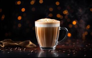 glass cup of latte with cinnamon and whipped cream on a plate, blurred sparkling dark and gold background with beautiful bokeh, coffee beans on the black wooden table. photo