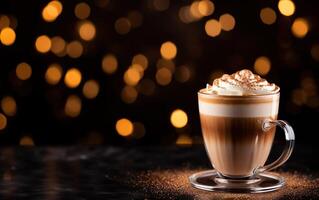 glass cup of latte with cinnamon and whipped cream on a plate, blurred sparkling dark and gold background with beautiful bokeh, coffee beans on the wooden table. photo
