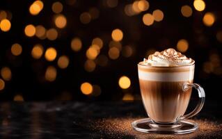 glass cup of latte with cinnamon and whipped cream on a plate, blurred sparkling dark and gold background with beautiful bokeh, coffee beans on the wooden table. AI Generative photo