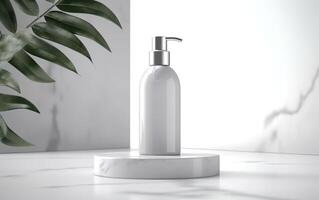 3d mockup of a bottle of of white blanc dispenser on a white marble podium, product display scene with tropical leaf, light gray and white background, photo