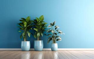 el interior en conserva plantas decoración en moderno habitación con un de madera piso y azul pared. ai generativo foto