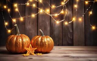 Festive autumn decor of pumpkins wrapped around a string lights garland on wooden table. Orange and dark bokeh lights background. Thanksgiving and Halloween greeting card. Copy space. AI Generative photo