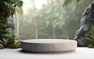 3d rendering empty product display podium scene with cylinder stand concept. Green forest with rocks background, Sunlight, for beauty skincare technology products display, photo