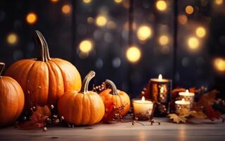 Autumn pumpkin with candles dry leaves on dark bokeh lights blue background with copy space. Wooden table. Halloween concept. Happy Thanksgiving. photo