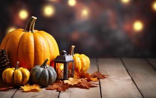 Thanksgiving day with pumpkins, holiday lanterns, pine cone and maple leaves on dark bokeh lights background. Autumn composition with copy space. Wooden table. Halloween concept. photo