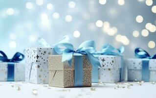 Gift boxes with blue ribbon bow tag over blurred bokeh background with lights. Greeting festive image. Copy space. AI Generated photo