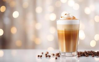 big cup of latte with coffee beans and whipped cream, blurred, sparkling and fabulous background with beautiful bokeh, light orange gold, festive atmosphere. AI Generative photo