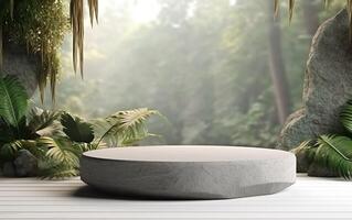 3d rendering empty product display podium scene with cylinder stand concept. Green forest with rocks background, Sunlight, for beauty skincare technology products display, photo