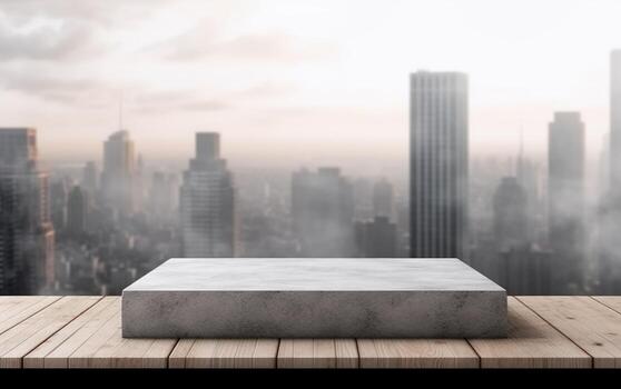 vacío hormigón textura podio o pedestal monitor con paisaje urbano antecedentes. 3d etapa escaparate. mínimo composición con geométrico plataforma, ai generativo foto