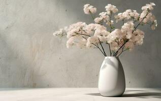 White ceramic vase with blooming flowers branches in sunlight from window on pastel gray wall, shadow on white floor for decoration, luxury cosmetic, skincare, beauty product background, AI Generative photo
