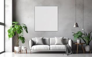 Living room with mockup frame on the light gray wall, decorated with white sofa and green plants in vases on the floor, Minimalist design scene with coffee table and books, AI Generative photo