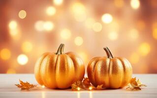 Thanksgiving day with pumpkins and maple leaves on bokeh lights orange background. Autumn composition with copy space. Wooden table. Halloween concept. Festive atmosphere. photo