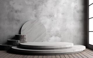 3d rendering empty mockup scene of cube podium set for product template display, gray concrete wall and wooden floor with daylight and shadow, photo