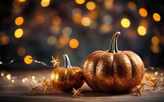 Festive autumn decor of pumpkins wrapped around a string lights garland on wooden table. Orange and dark bokeh lights background. Thanksgiving and Halloween greeting card concept. AI Generative photo