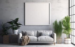 Living room with square mockup frame on the gray wall, decorated with elegant sofa and rug. Green plants on the floor, Gray minimalist design scene in a scandinavian style, photo