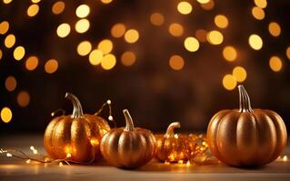 Festive autumn decor of pumpkins wrapped around a string lights garland on wooden table. Orange and dark bokeh lights background. Thanksgiving and Halloween greeting card concept. photo