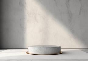 3d rendering empty mockup scene of concrete texture cube podium for product template, gray marble wall with daylight and shadow, photo