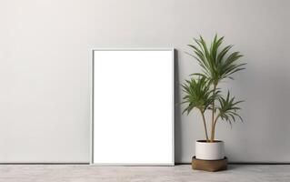 White frame mockup on light grey wall with green plant in vase, blank vertical frame with copy space. Contemporary interior mockup. AI Generative photo