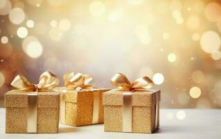 Christmas and new year background - gift boxes with golden ribbon bow tag ver blurred bokeh  lights. Blinking Holiday Background. Copy space. AI Generative photo