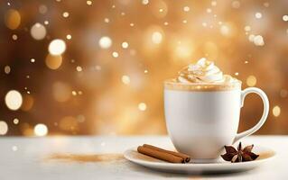 white cup of latte with cinnamon, star anise and whipped cream on a white plate, blurred sparkling gold background with beautiful bokeh, festive atmosphere. AI Generative photo