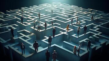 Navigating business challenges depicted by professionals at a 3D maze intersection photo